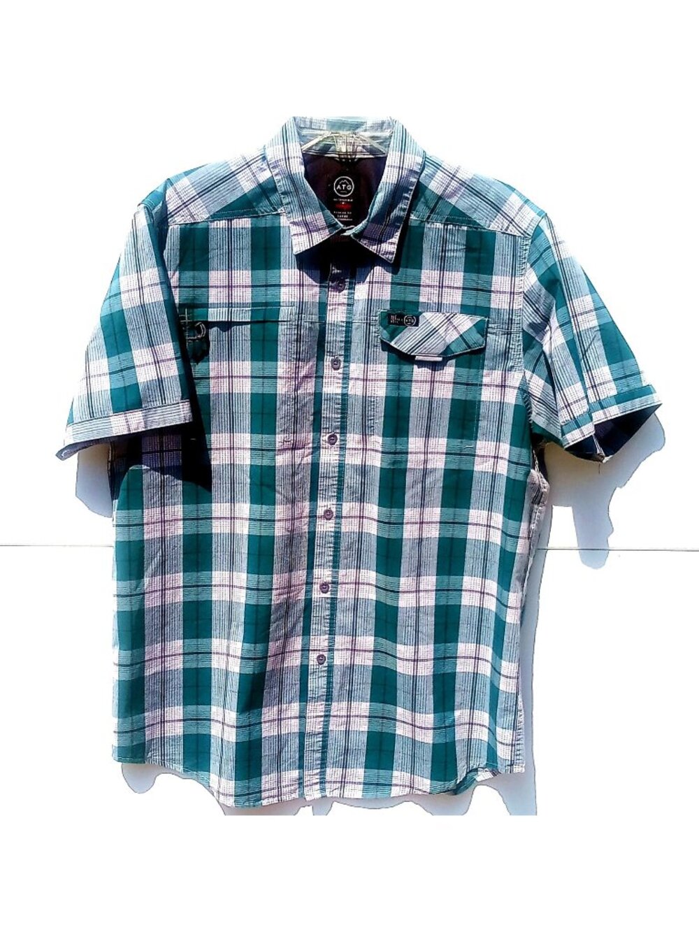 ATG Wrangler Men Green White Plaid Outdoor Button Up Short Sleeve Shirt Size L
